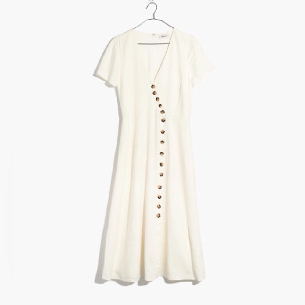 Midi length Madewell white linen/cotton dress with brown buttons.